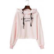 Autumn Fashion Letter Print Fleece Lined Long Sleeves Cropped Hoodie