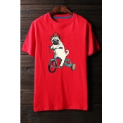 Cute Puppy Dog Cartoon Bike Print Round Neck Short Sleeves Casual Tee