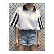 Leisure Striped Pattern Lapel Button Detail Half Sleeve Loose Polo Tee
