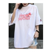 Fashionable Cartoon Panther Letter Print Oversize Loose Summer Tee