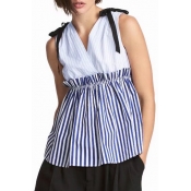 Chic Color Block Striped Printed V Neck Sleeveless Bow Detail Blouse