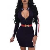 Sexy Plunge Neck Striped Pattern Zipper Front Belted Bodycon Mini Dress