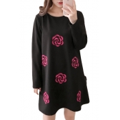 Simple Rose Floral Print Round Neck Loose Mini T-shirt Dress