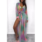 Summer Fashion Ombre Tie Dye Long Sleeve Bow Belted Maxi Beach Dress