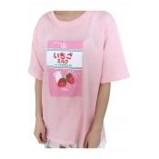 Girlish Strawberry Milk Japanese Letter Print Round Neck Half Sleeves Loose Tee