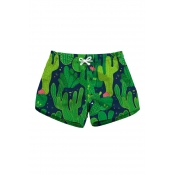 Summer Collection Cactus Printed Leisure Drawstring Waist Shorts with Pockets