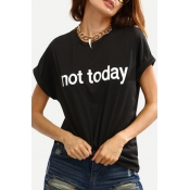 Unique Letter Print Round Neck Short Sleeves Casual Women's Tee