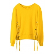 Fashion Leisure Lace Up Side Round Neck Long Sleeve Pullover Sweatshirt