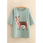 Scarf Deer Printed Round Neck Short Sleeve Comfort Leisure Tee