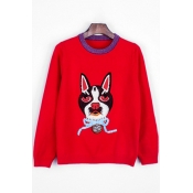 Popular Dog Cartoon Embroidery Beaded Bow Detail Round Neck Pullover Sweater