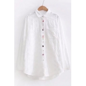 New Stylish Floral Embroidered Lapel Collar Long Sleeve Buttons Down Shirt