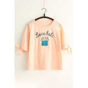 Lovely Cartoon Window Letter Embroidered Short Sleeve Round Neck Bow Tied Cuff Detail Tee