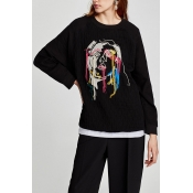 Fashionable Abstract Cartoon Print Round Neck Long Sleeves Pullover Sweatshirt