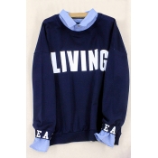 Lapel Collar Fake Two Pieces Letter Printed Long Sleeve Pullover Sweatshirt