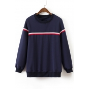 Simple Striped Pattern Round Neck Long Sleeves Pullover Sweatshirt