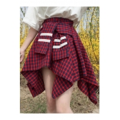 Trendy Checked Plaids Pattern Tie Front Asymmetrical Hem High Waist Skirt