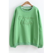 Leisure Letter Embroidered Round Neck Long Sleeves Pullover Sweatshirt