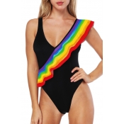 Unique Rainbow Print Plunge Neck Ruffle Detail Slim One Piece Swimwear