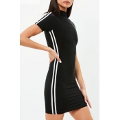 Sportive Striped Side High Neck Short Sleeve Mini Bodycon Dress
