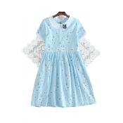 Elegant Floral Embroidered Button Front Rabbit Brooch Mini A-line Dress