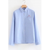 Spring's Simple Letter Embroidered Pocket Lapel Collar Long Sleeve Single Breasted Shirt