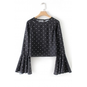 Spring's New Arrival Round Neck Long Sleeve Ruffle Cuff Detail Polka Dot Cropped Blouse