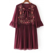 Bow Tie V-Neck Ruffle Sleeve Floral Embroidered Loose Mini Smock Dress