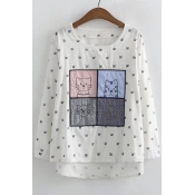 Leisure Cat Allover Pattern Round Neck Long Sleeve Dipped Hem Pullover Blouse