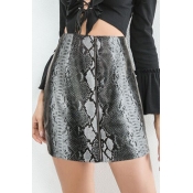 New Trendy Snake Skin Printed PU Zip Up Mini A-Line Skirt