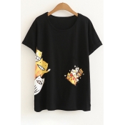 Pop Fashion Cat Cartoon Print Round Neck Short Sleeves Summer T-shirt