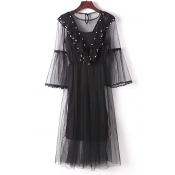 Two Pieces Round Neck Sheer Inserted Pearl Ruffle Embellished 3/4 Length Sleeve Maxi A-Line Dress