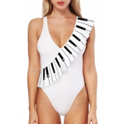 Hot Fashion Piano Keys Print Ruffle Detail Plunge Neck Slim One Piece Swimwear