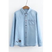 New Arrival Button Front Lapel Pocket Detail Bow Paw Cat Cartoon Embroidery Denim Shirt