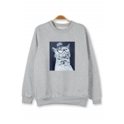 Comic Cat Letter Printed Round Neck Long Sleeve Pullover Sweatshirt