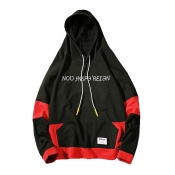 Leisure Color Block Letter Embroidered Long Sleeve Hoodie with Pocket