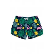 Cartoon Flamingo Leaf Printed Drawstring Waist Shorts with Pockets