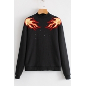Cool Fire Flame Pattern Mock Neck Long Sleeves Pullover Sweatshirt
