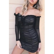 Sexy Off the Shoulder Lace-up Front Ruched Detail Long Sleeve Mini Bodycon Dress