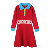 Chic Color Block Button Detail Lapel Long Sleeve A-line Knitted Mini Dress