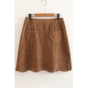 Heart Pattern Pocket Embellished Simple Plain Corduroy Mini A-Line Skirt