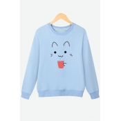 Popular Cat Cartoon Drink Print Round Neck Long Sleeves Pullover Sweatshirt