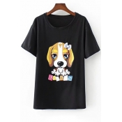 Cute Cartoon Letter Dog Print Round Neck Short Sleeves Summer T-shirt