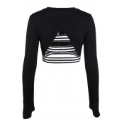 Contrast Striped Printed Hollow Out Back Long Sleeve Round Neck Cropped Tee
