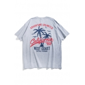Coconut Tree Letter Printed Round Neck Short Sleeve Tee