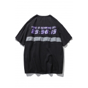 Letter Number Printed Patchwork Round Neck Short Sleeve Tee