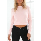 Chic Mock Neck Plain Long Sleeve Lace Up Side Pullover Cropped Sweatshirt