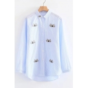 Unique Cat Embroidery Striped Pattern Lapel Button Front Dipped Hem Shirt