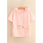 Simple Letter Face Embroidered Short Sleeve Hooded Tee with Pocket