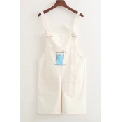 Unique Cup Drink Pattern Pocket Front Knotted Straps Overall Romper Shorts
