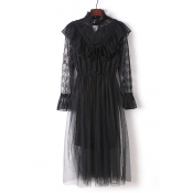 Lady Sheer Lace Mesh Mock Neck Long Sleeve Two Pieces Bow Embellished Plain Maxi A-Line Dress